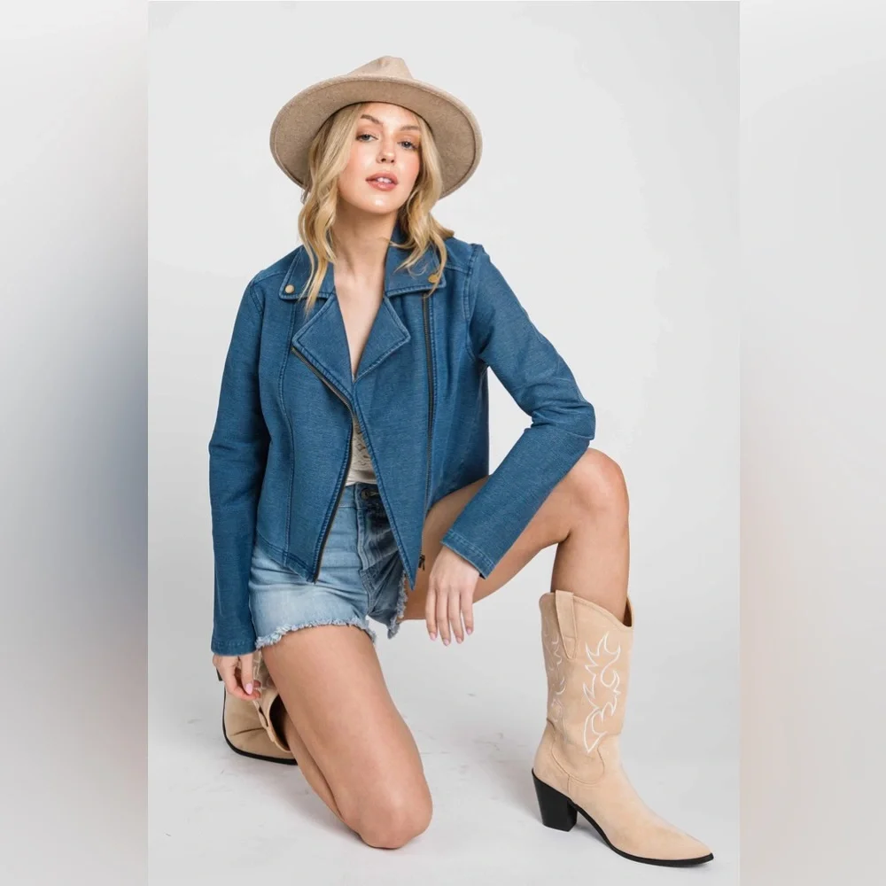 Knit Denim Biker Moto Jacket in Blue - Picture 7 of 10